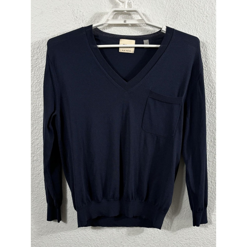 Elie‎ Tahari Sweater Womens Large Navy Blue V Neck Pocket Lightweight Pullover